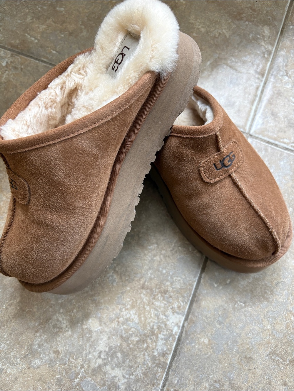 UGG Chestnut Suede Shearling-Lined Clog Mules